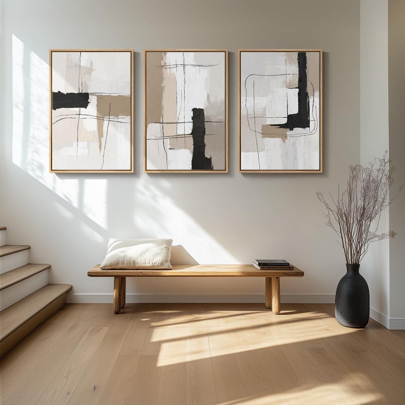 Cuspin Large Framed Neutral Abstract Wall Art for Living Room, Set of 3 Modern Black and White Beige Canvas Prints Paintings Artwork for Walls, Minimalist Pictures for Bedroom Hallway Wall Decor 24x36 In - Image 4