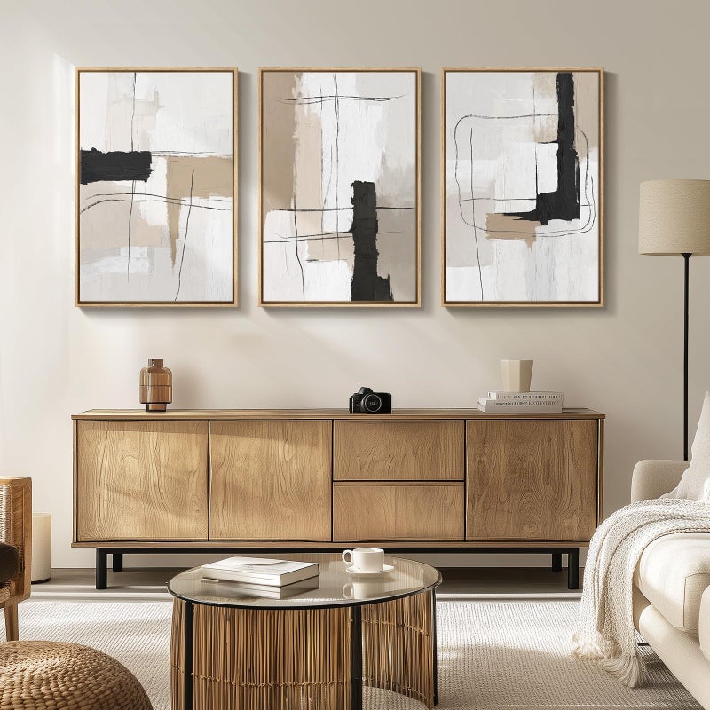 Cuspin Large Framed Neutral Abstract Wall Art for Living Room, Set of 3 Modern Black and White Beige Canvas Prints Paintings Artwork for Walls, Minimalist Pictures for Bedroom Hallway Wall Decor 24x36 In - Image 2