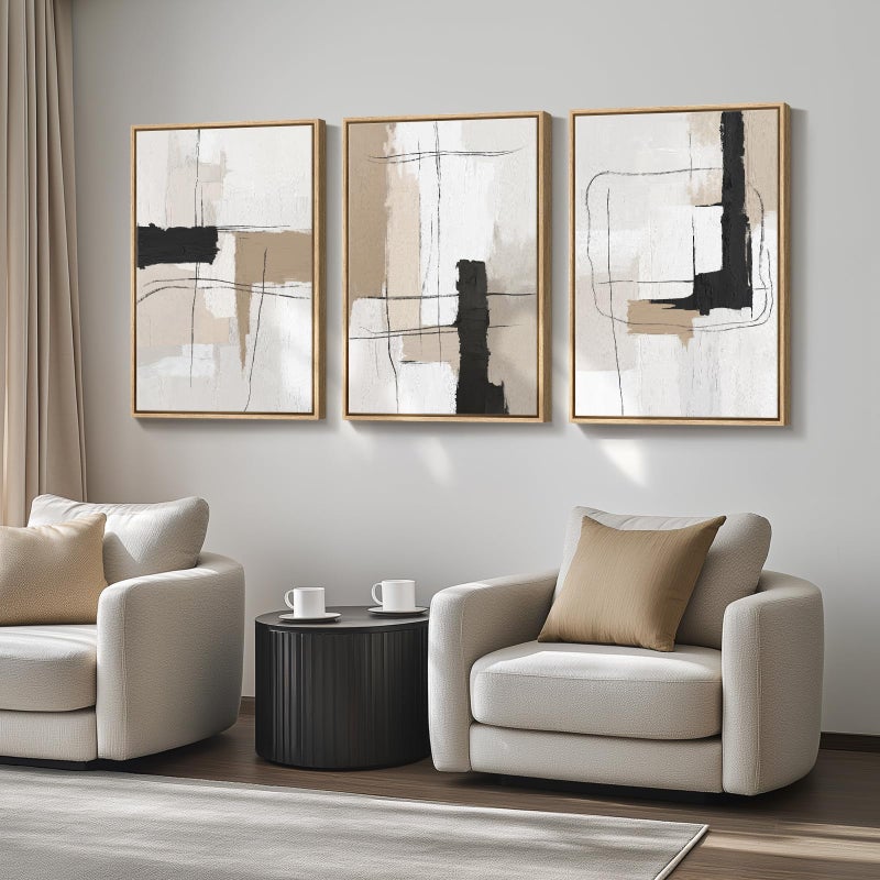 Cuspin Large Framed Neutral Abstract Wall Art for Living Room, Set of 3 Modern Black and White Beige Canvas Prints Paintings Artwork for Walls, Minimalist Pictures for Bedroom Hallway Wall Decor 24x36 In - Image 5