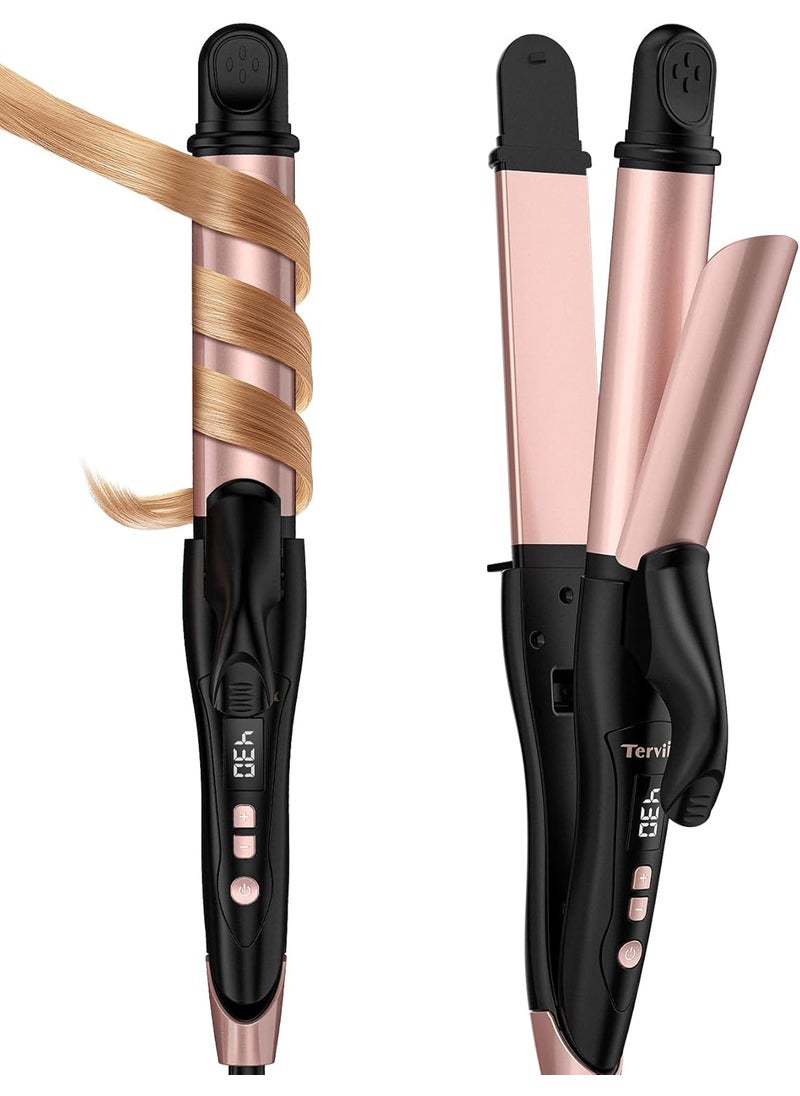 Terviiix Terviiix Travel Curling Iron 2 in 1 Travel Flat Iron Hair Curler in One 1 14 Inch Ceramic Ionic Curling Wand with 11 Temperatures Digital Display Hair Straightener Dual Voltage  Auto ShutOff 
