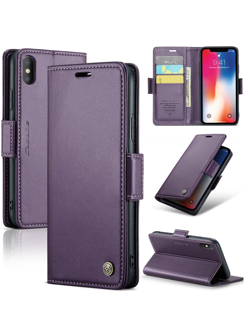 CaseMe Phone Case Luxury PU Leather Design Anti Fingerprint 023 Flip Cover Card Slot Holder Cover For iPhone X/XS (Purple) - Image 2