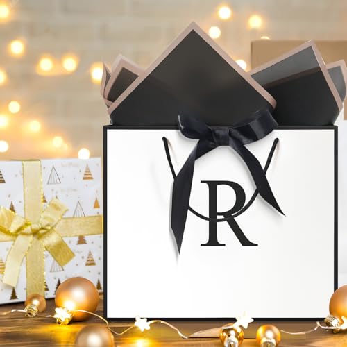QLSKO Monogrammed Gift Wrap Bag Personalized Initial Paper Bag with Card Matching Envelope Sticker,Bow Ribbon and Wrapping Tissue Birthday Gifts for Women Men (White, R-Medium) - Image 5