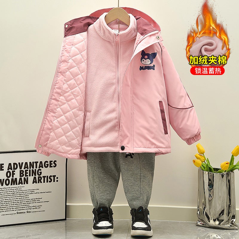 Charge Clothes Childrens Middle and Big Childrens 2025 New Two-Piece Childrens Clothes Girls Coat Spring, Autumn and Winter fleece-lined cotton and thickening Pink  - Image 1