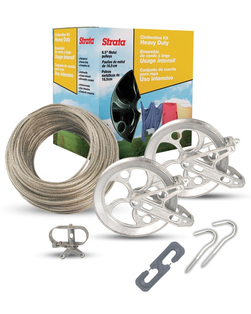 Strata Clothesline Outdoor Heavy Duty Kit - 150 Feet Galvanized Wire Gold PVC Coating, 6.5" Clothesline Pulley 2pcs, Metal Mini Winch Tightener 1pc, Plastic Spreader/Spacer 1pc & 2 Metal Hooks - Image 1