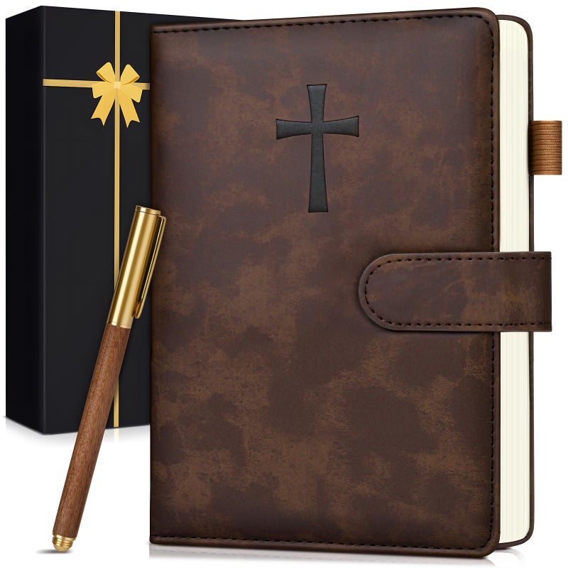 PAPEJOON Leather Christian Bible Journal for Men, Prayer Journal for Scripture Study & Daily Devotional, Undated Church Notes Notebook, Jesus Religious Faith Gifts for Pastor, Graduation, Brown - Image 1