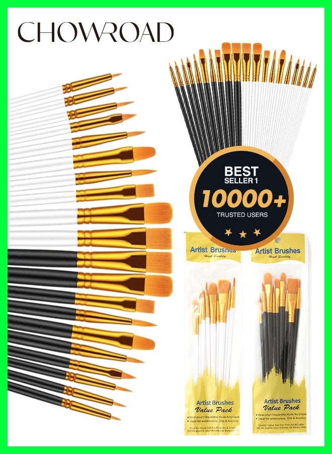 CHOWROAD 2 Pack 20 Pcs Round Pointed Tip Paintbrushes Nylon Hair Artist Acrylic Paint Brushes for Acrylic Oil Watercolor, Face Nail Art, Miniature Detailing & Rock Painting, White&Black - Image 1
