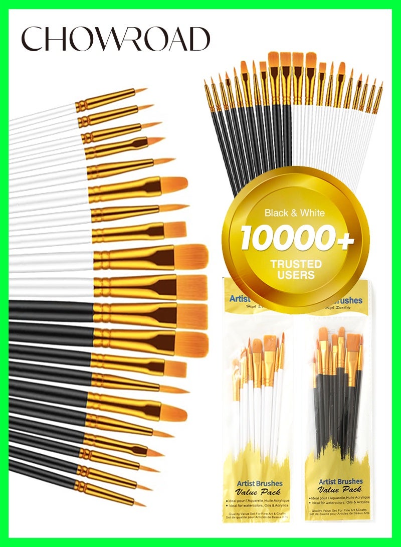 CHOWROAD 2 Pack 20 Pcs Round Pointed Tip Paintbrushes Nylon Hair Artist Acrylic Paint Brushes for Acrylic Oil Watercolor, Face Nail Art, Miniature Detailing & Rock Painting, White&Black - Image 1