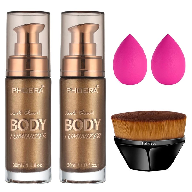Hilareco PHOERA Body Shimmer Oil Body Bronzer Shimmer OilBody Glow Oil Shimmer Highlighter Luminizer Body Illuminator with Body Makup BurshSelf Tanning Lotion1ozJars 2PCS 103 Glistening Bronze