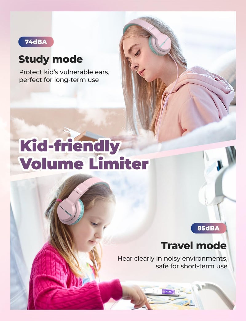 iClever HS19 Kids Headphones with Microphone for School, Safe Volume Limited, Over-Ear Girls Boys Headphones for Kids with Shareport, Foldable Wired for iPad/Travel (Pink) - Image 2