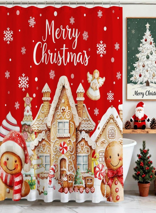 Mocsicka Merry Christmas Shower Curtain Cute Red Xmas Gingerbread-Man Shower Curtain for Christmas Bath Decor Gingerbread House Snowflakes Winter Holiday Home Decor for Kids Girls Boys，72 X 72 Inch - Image 1
