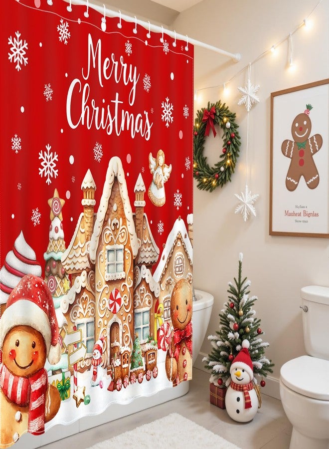 Mocsicka Merry Christmas Shower Curtain Cute Red Xmas Gingerbread-Man Shower Curtain for Christmas Bath Decor Gingerbread House Snowflakes Winter Holiday Home Decor for Kids Girls Boys，72 X 72 Inch - Image 2