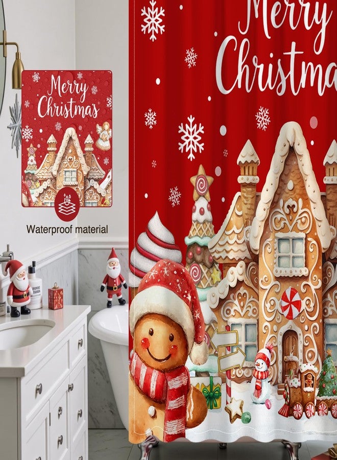 Mocsicka Merry Christmas Shower Curtain Cute Red Xmas Gingerbread-Man Shower Curtain for Christmas Bath Decor Gingerbread House Snowflakes Winter Holiday Home Decor for Kids Girls Boys，72 X 72 Inch - Image 5