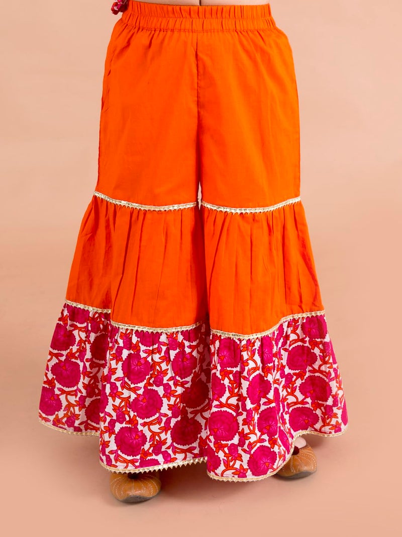 Pspeaches Girls Magenta Orange Printed Angrakha Cotton Kurta Set (Pink-7-8Y) - Image 3