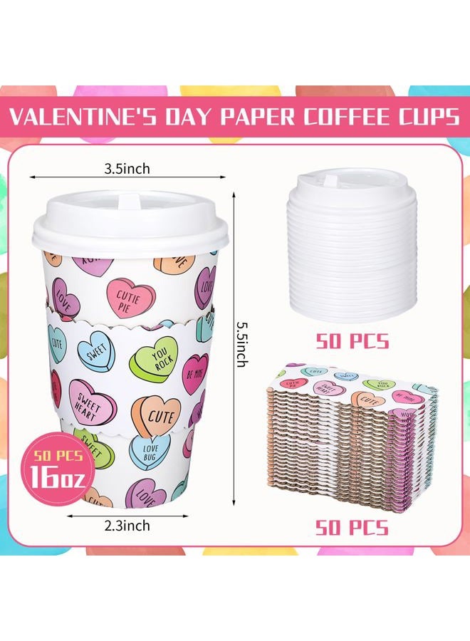 Whaline 50Pcs Valentine Disposable Coffee Cups With Lids And Sleeves Colorful Conversation Heart Paper Drinking Cups For Wedding Anniversary Party Supplies - Image 2