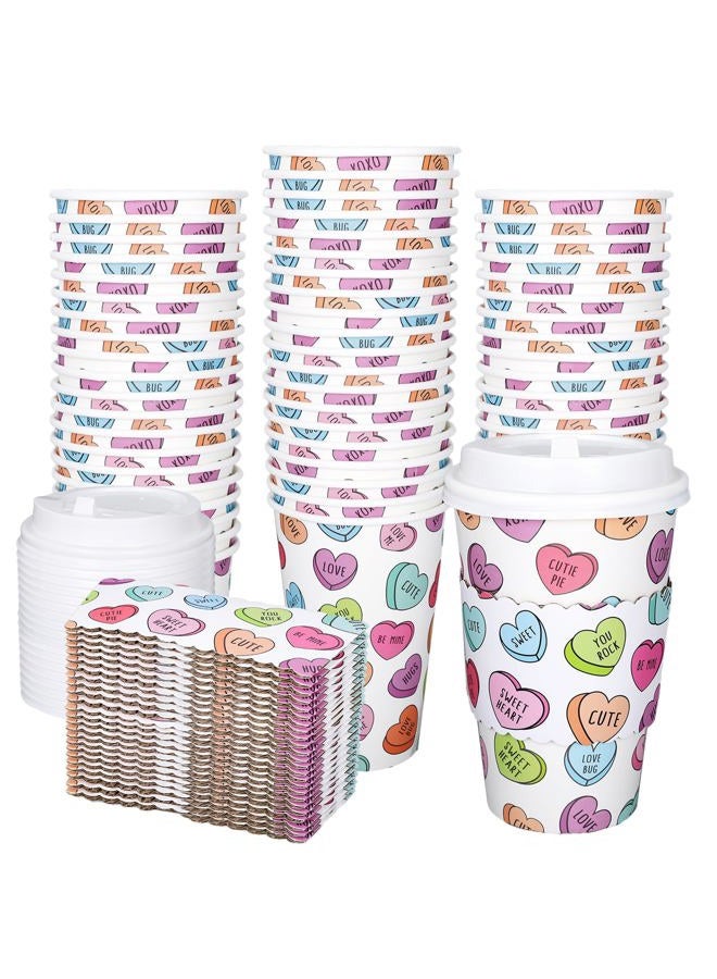 Whaline 50Pcs Valentine Disposable Coffee Cups With Lids And Sleeves Colorful Conversation Heart Paper Drinking Cups For Wedding Anniversary Party Supplies - Image 1