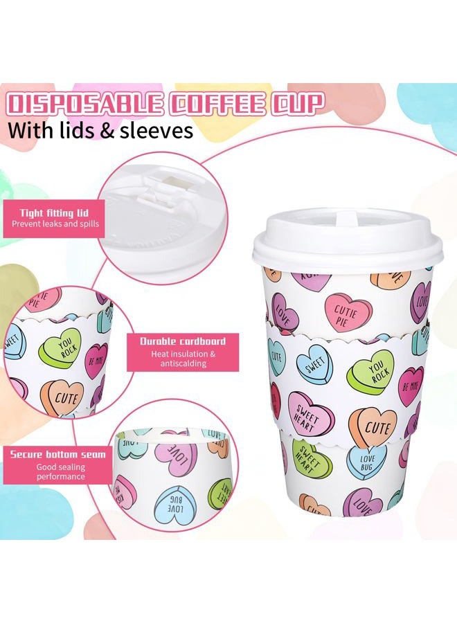 Whaline 50Pcs Valentine Disposable Coffee Cups With Lids And Sleeves Colorful Conversation Heart Paper Drinking Cups For Wedding Anniversary Party Supplies - Image 3