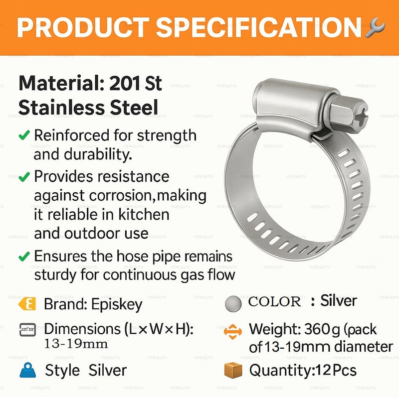 Episkey ® Stainless Steel Hose Clamps | Adjustable Worm Drive Pipe Clips 13–19mm | Leak-Proof Gas Stove & Plumbing | Safety Clips PACK OF 12 [12_CLMP] - Image 5