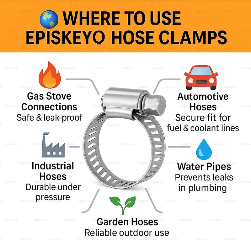 Episkey ® Stainless Steel Hose Clamps | Adjustable Worm Drive Pipe Clips 13–19mm | Leak-Proof Gas Stove & Plumbing | Safety Clips PACK OF 12 [12_CLMP] - Image 2