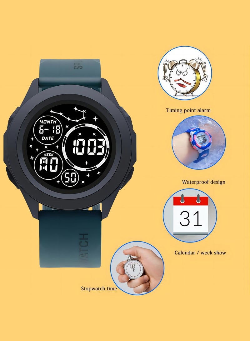 Kids Digital Sports Watch with Luminous Display Time Date Alarm Stopwatch Water Resistant Electronic Watch for Boys Girls Round LED Screen - Image 2