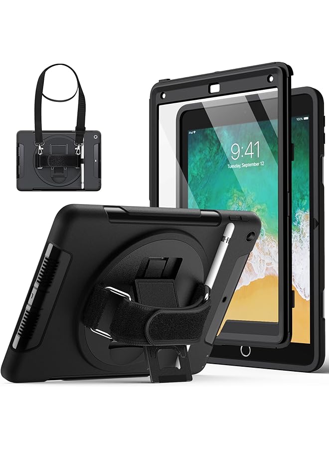 جي تيك حافظة لجهاز ايباد 9.7 انش (الجيل السادس والخامس موديل 2018 2017) مع واقي شاشة مدمج واقٍ مقاوم للصدمات وحامل حزام يد دوار 360 درجة (اسود) - Image 1