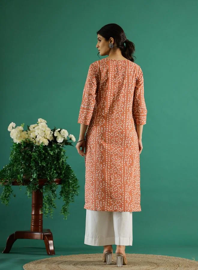 Sanskrutihomes  Peach Bandhani Print V Neck Kurta for Women | Best Price UAE