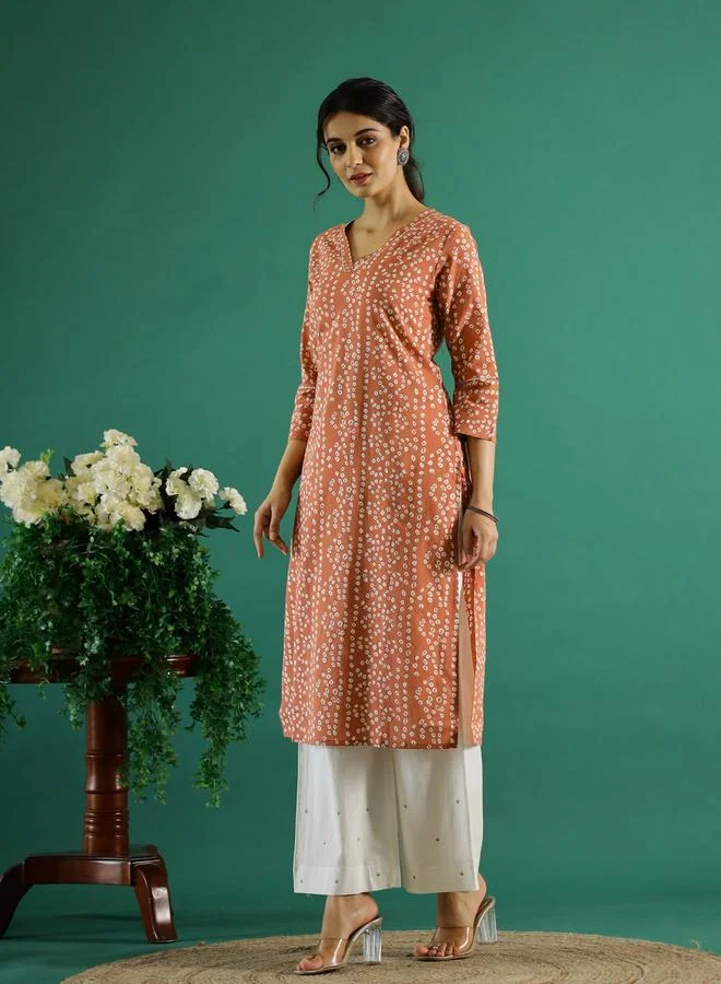 Sanskrutihomes  Peach Bandhani Print V Neck Kurta for Women | Best Price UAE