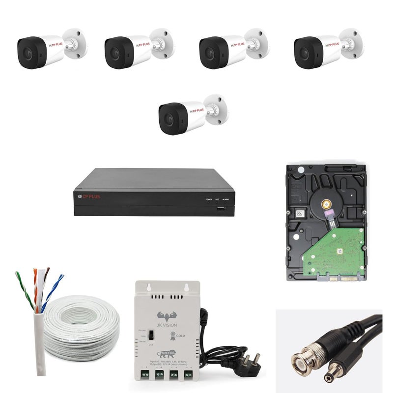 CP PLUS Full HD 8 Channel DVR with 24 MP 5 Outdoor Cameras Builtin Audio MIC Motion Detection 1 TB HDD 8 Ch SMPS CCTV Cable JK Vision HDMIBNCDC Set White - Image 1
