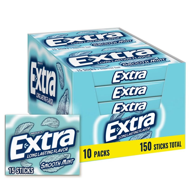 Extra Gum Smooth Mint Sugarfree Gum Bulk, Individually Wrapped, Perfect for Fresh Breath at School, Work, and Travel, 15 Count, Pack of 10 - Image 1