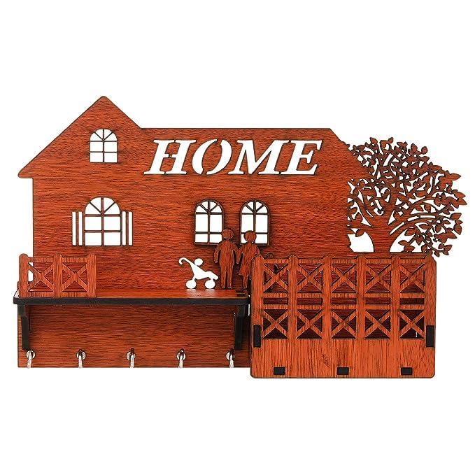 RealTrend Wooden Key Holder Designer Home Multipurpose Wall ShelfWall Mount Key Holder with Mobile Charging Stand Wooden Key Holder for Home Decor 1175 Inches 5 Hooks  - Image 1
