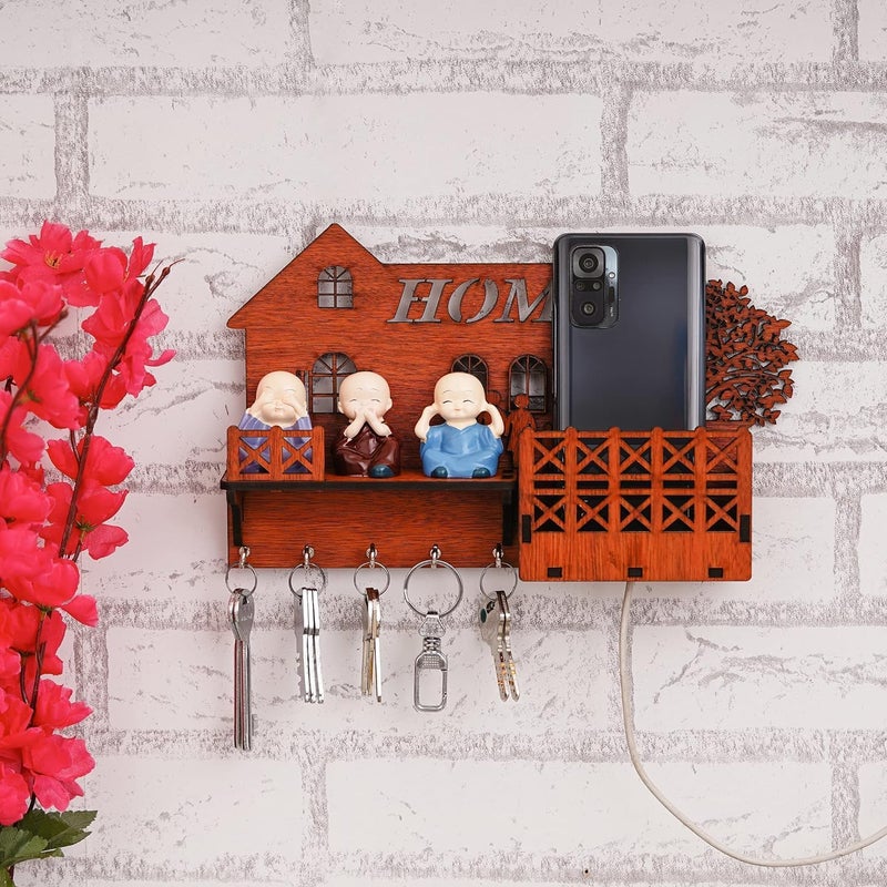 RealTrend Wooden Key Holder Designer Home Multipurpose Wall ShelfWall Mount Key Holder with Mobile Charging Stand Wooden Key Holder for Home Decor 1175 Inches 5 Hooks  - Image 2