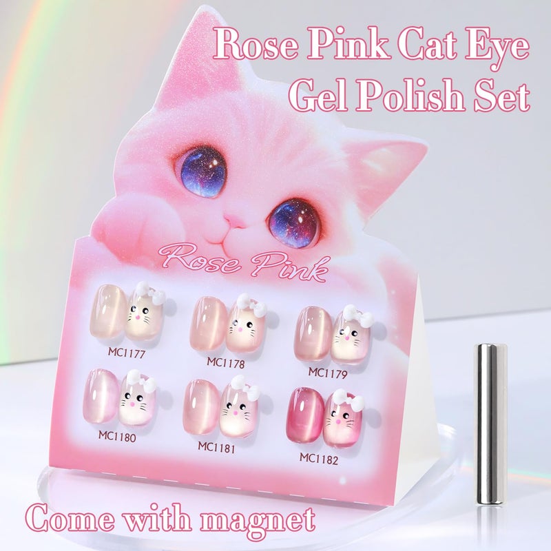 Double Rhythm Cat Eye Gel Nail Polish Set of 6 Same Color Same Bottle 0.5 Oz Shimmer Glitter with Magnet Holographic Reflective Magnetic UV Nail Polish Kit at Home (Glass Nude Pink Rose-T6-32) - Image 3