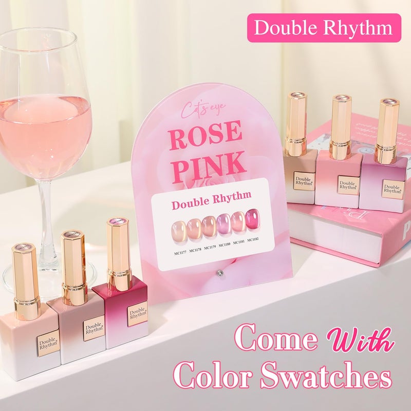 Double Rhythm Cat Eye Gel Nail Polish Set of 6 Same Color Same Bottle 0.5 Oz Shimmer Glitter with Magnet Holographic Reflective Magnetic UV Nail Polish Kit at Home (Glass Nude Pink Rose-T6-32) - Image 2