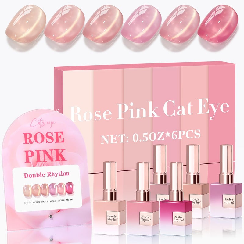 Double Rhythm Cat Eye Gel Nail Polish Set of 6 Same Color Same Bottle 0.5 Oz Shimmer Glitter with Magnet Holographic Reflective Magnetic UV Nail Polish Kit at Home (Glass Nude Pink Rose-T6-32) - Image 1