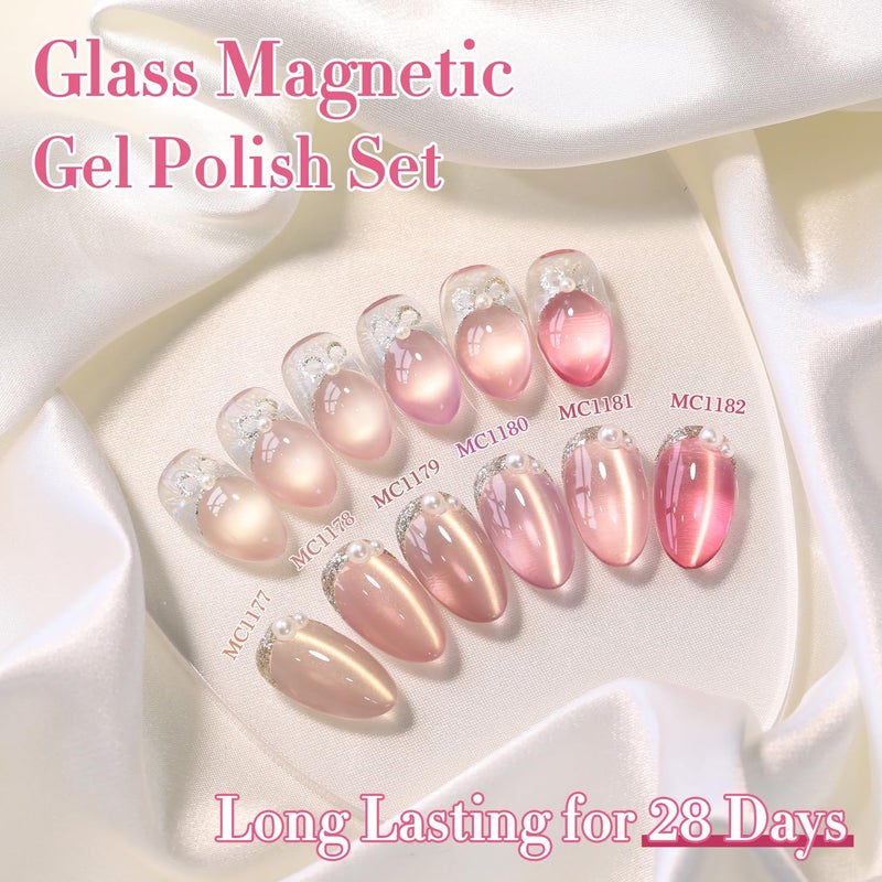 Double Rhythm Cat Eye Gel Nail Polish Set of 6 Same Color Same Bottle 0.5 Oz Shimmer Glitter with Magnet Holographic Reflective Magnetic UV Nail Polish Kit at Home (Glass Nude Pink Rose-T6-32) - Image 5