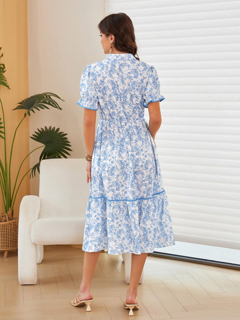 ECOWISH Womens Summer Dresses 2026 Casual Puff Short Sleeve V Neck Floral Boho Tiered Ruffle Maxi Dress with Pockets Blue-White Small - Image 5