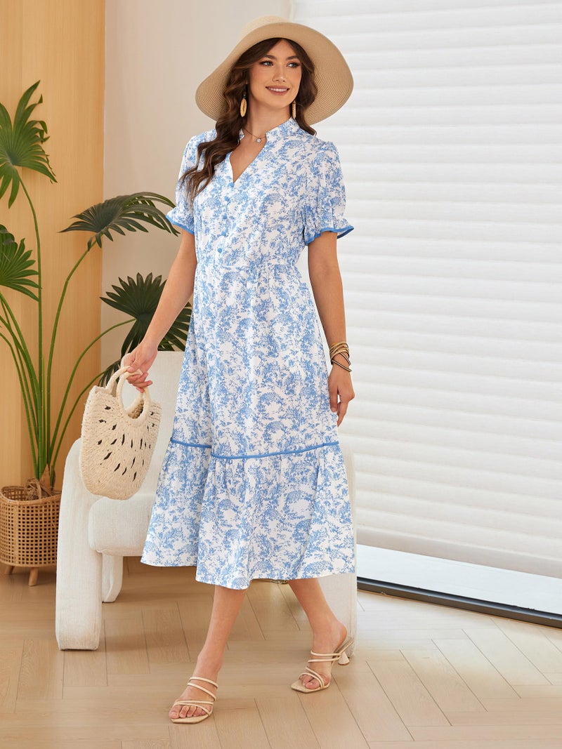 ECOWISH Womens Summer Dresses 2026 Casual Puff Short Sleeve V Neck Floral Boho Tiered Ruffle Maxi Dress with Pockets Blue-White Small - Image 4
