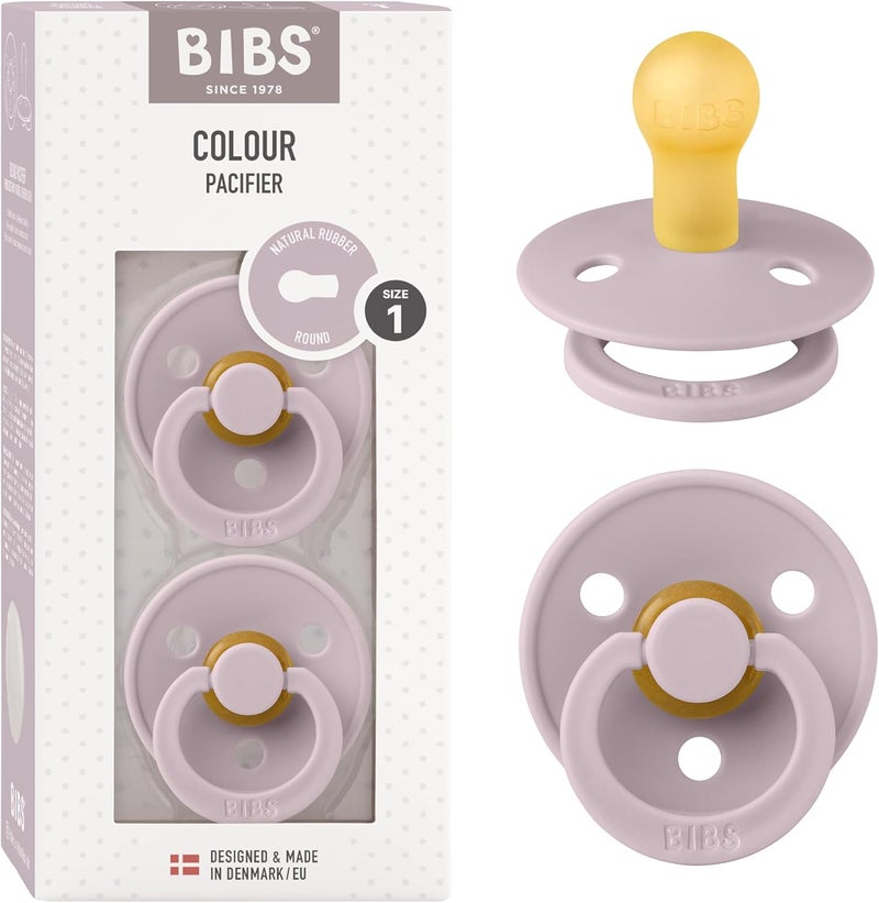 BIBS Colour Soother 2-Pack, BPA Free Dummy Pacifier, Round Natural Rubber Latex, Made in Denmark, Size 1 (0-6 Months), Dusky Lilac - Image 1