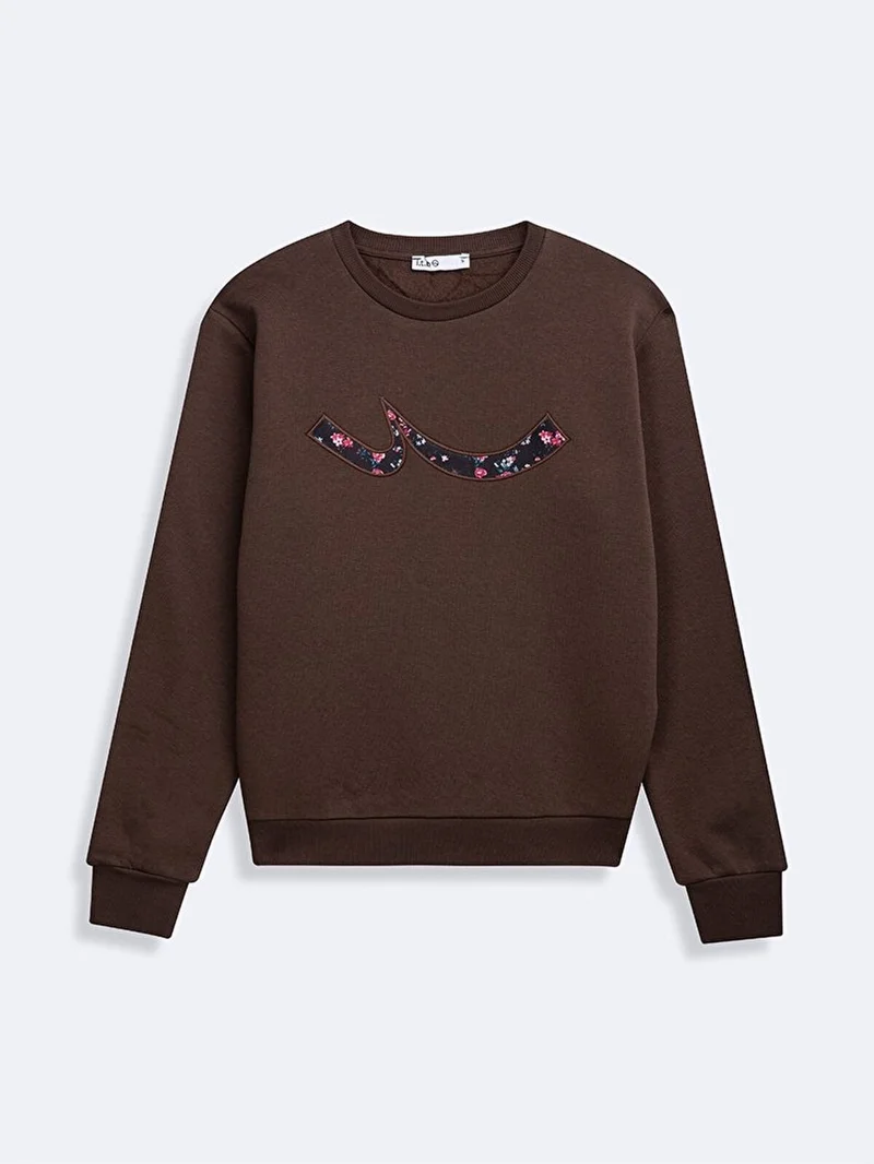 Sign Printed Crew Neck Long Sleeve Coffee Color Sweatshirt