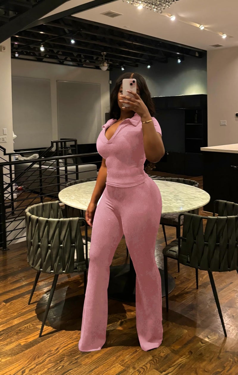 HBQ Women Two Piece Outfit Ribbed Short Sleeve V Neck Polo Top and Flare Pants Casual Lounge Sets Tracksuit-Pink-S - Image 2