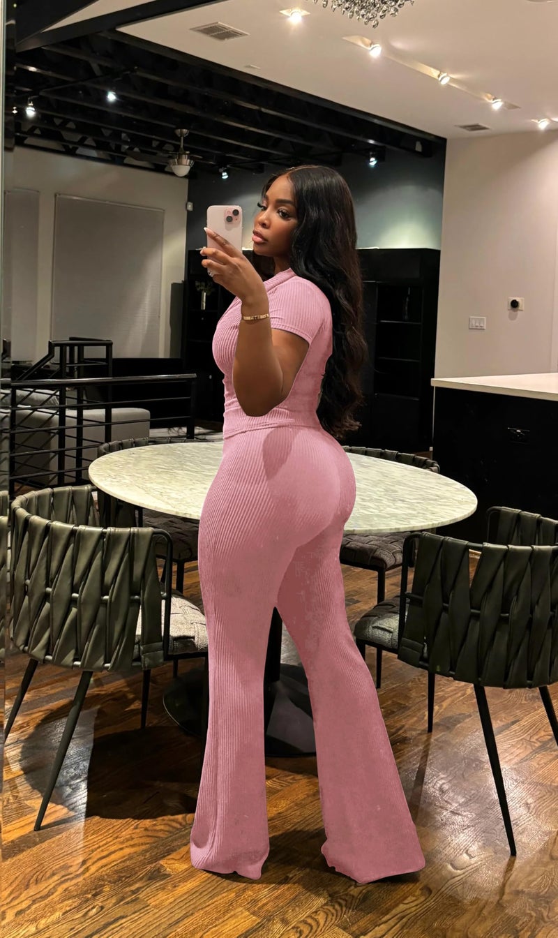 HBQ Women Two Piece Outfit Ribbed Short Sleeve V Neck Polo Top and Flare Pants Casual Lounge Sets Tracksuit-Pink-S - Image 3