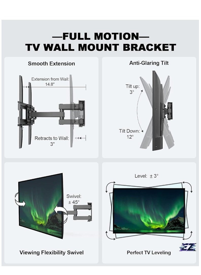 ELTRAZONE Full Motion TV Wall Mount Bracket for 26-55 Inch LED, LCD, OLED TVs – Dual Articulating Swivel Arms, Tilts & Rotates, Max VESA 400x400mm, Holds up to 99 lbs – Adjustable TV Mount for Home Theater & Living Room  - Image 2