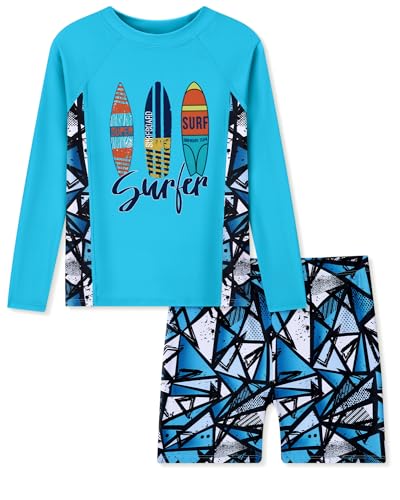 Ghteas Boys 2 Piece Swimming Suits Long Sleeve Surfboard Print Pattern Swimwear and Board Shorts Round Neck Comfortable Boys' Swimsuit Quick Dry Boys Swim Set Size 8 - Image 3
