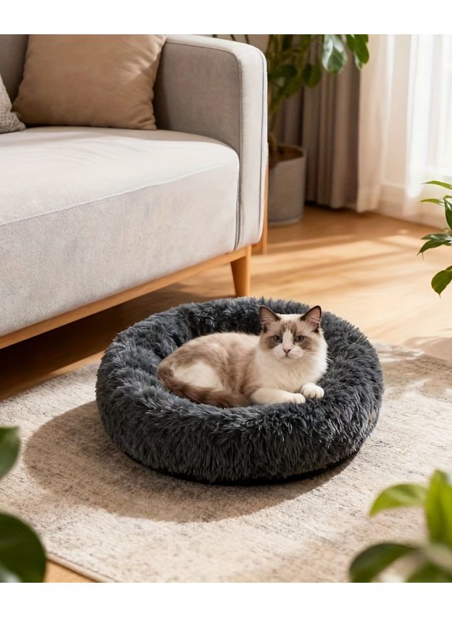 سرير قطط رمادي ناعم من الفرو، سرير مريح ودائري للقطط والكلاب الصغيرة - Image 2