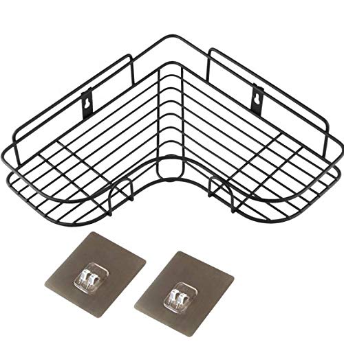 VDHJA SelfAdhesive Metal Bathroom Corner Rack Storage Shelves Bathroom Storage Rack Corner Steel Bathroom Corner Shelf Organizer Storage Bathroom ShelfShelves CornerShiny Black - Image 1