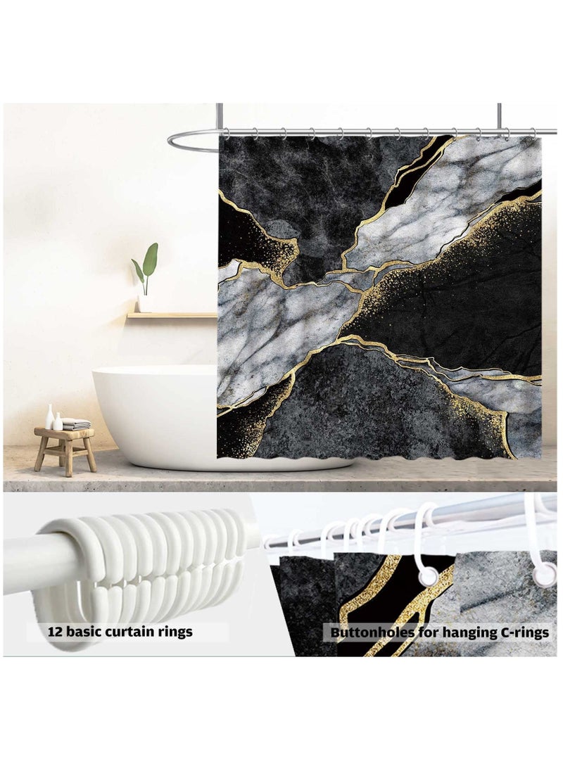 KASTWAVE Marble Shower Curtain with 12 Hooks, Waterproof Polyester Abstract Grey Black and White Design for Bathroom Decor Weighted Hem Easy Care 72"x72" (Black)  - Image 5