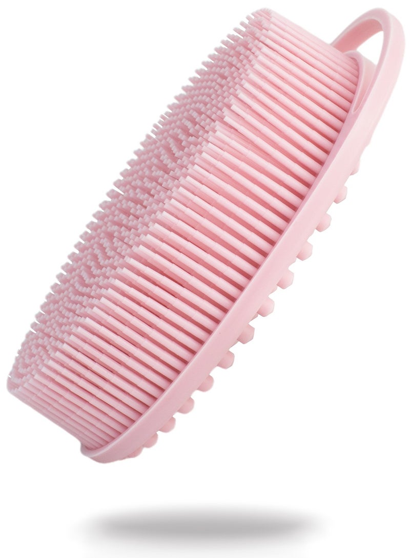Double-Sided Silicone Body Brush with Soft Bristles and Massage Protrusions, 13.5 x 8 x 3.5 cm (Pink)