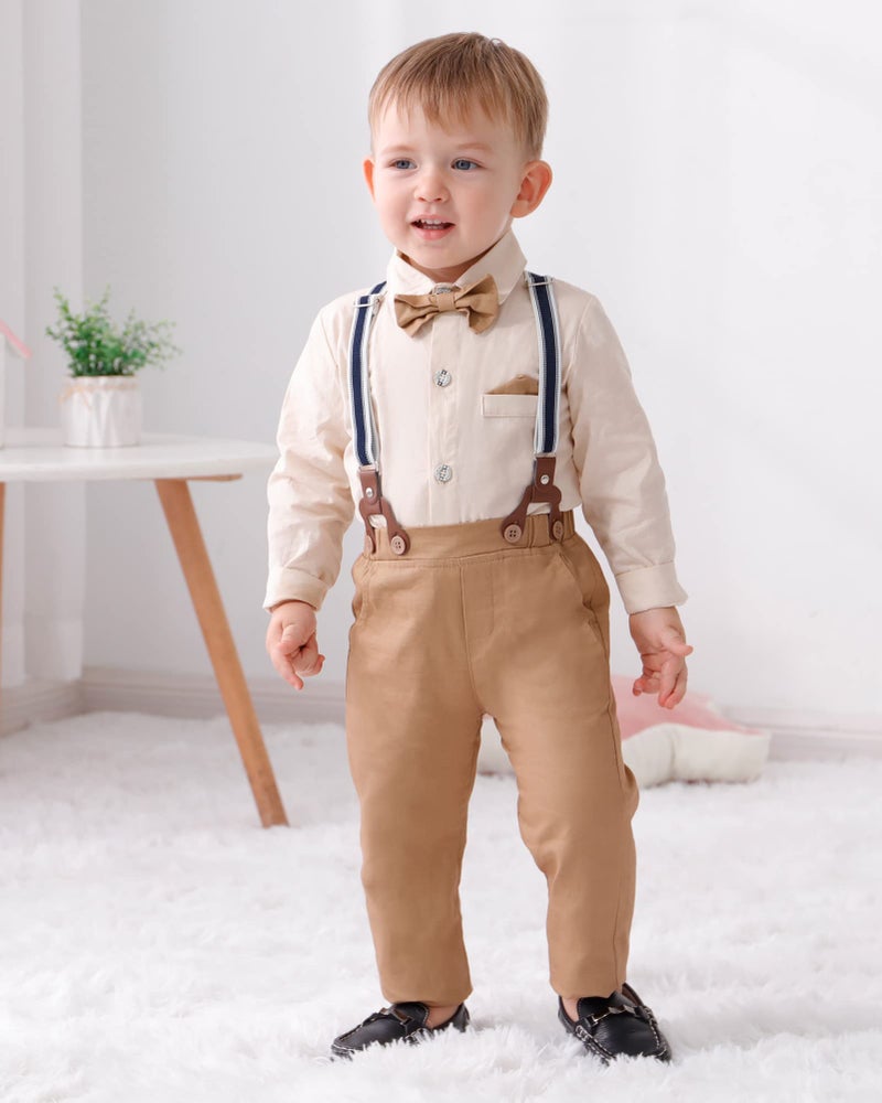 DISAUR Toddler Boy Wedding Outfits Apricot Brown Long Sleeve Dress Shirt Bow Tie Suspender Pants Baptism Outfits For Boys 12 Months 1t 18 Months - Image 2