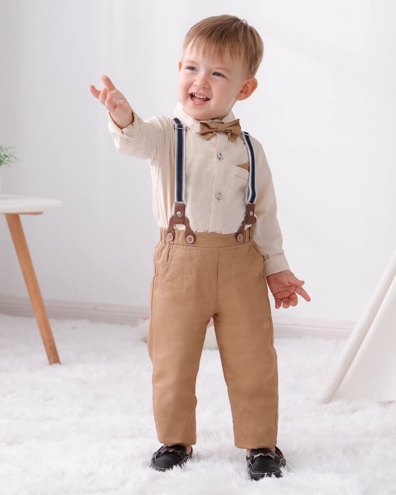 DISAUR Toddler Boy Wedding Outfits Apricot Brown Long Sleeve Dress Shirt Bow Tie Suspender Pants Baptism Outfits For Boys 12 Months 1t 18 Months - Image 3