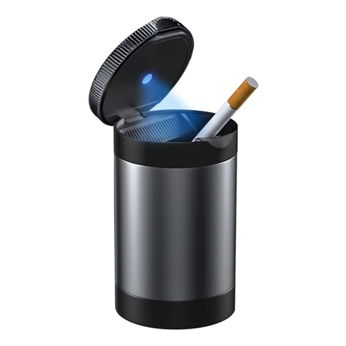 Tmengdao Ashtray with Lid,Smokeless Ashtray for Cup Holder Smell Proof,Detachable Stainless Steel Car Ash Tray with LED Auto Light, for Most Car, Office, Home (Grey) - Image 1