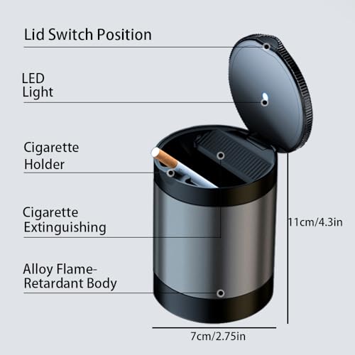 Tmengdao Ashtray with Lid,Smokeless Ashtray for Cup Holder Smell Proof,Detachable Stainless Steel Car Ash Tray with LED Auto Light, for Most Car, Office, Home (Grey) - Image 5